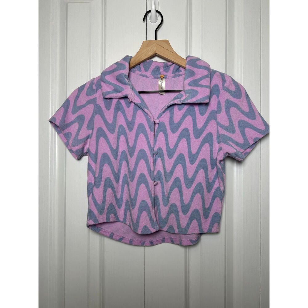 LA Hearts Lounge PacSun Pink Blue Wavy Stripe Terry Knit Button Crop Top M